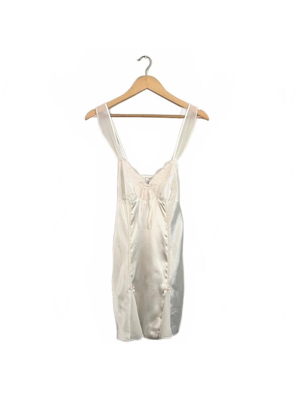 Y2K White Satin Lace Trim Bow Detail Short Nightgown 2000’s Bridal Coquette
